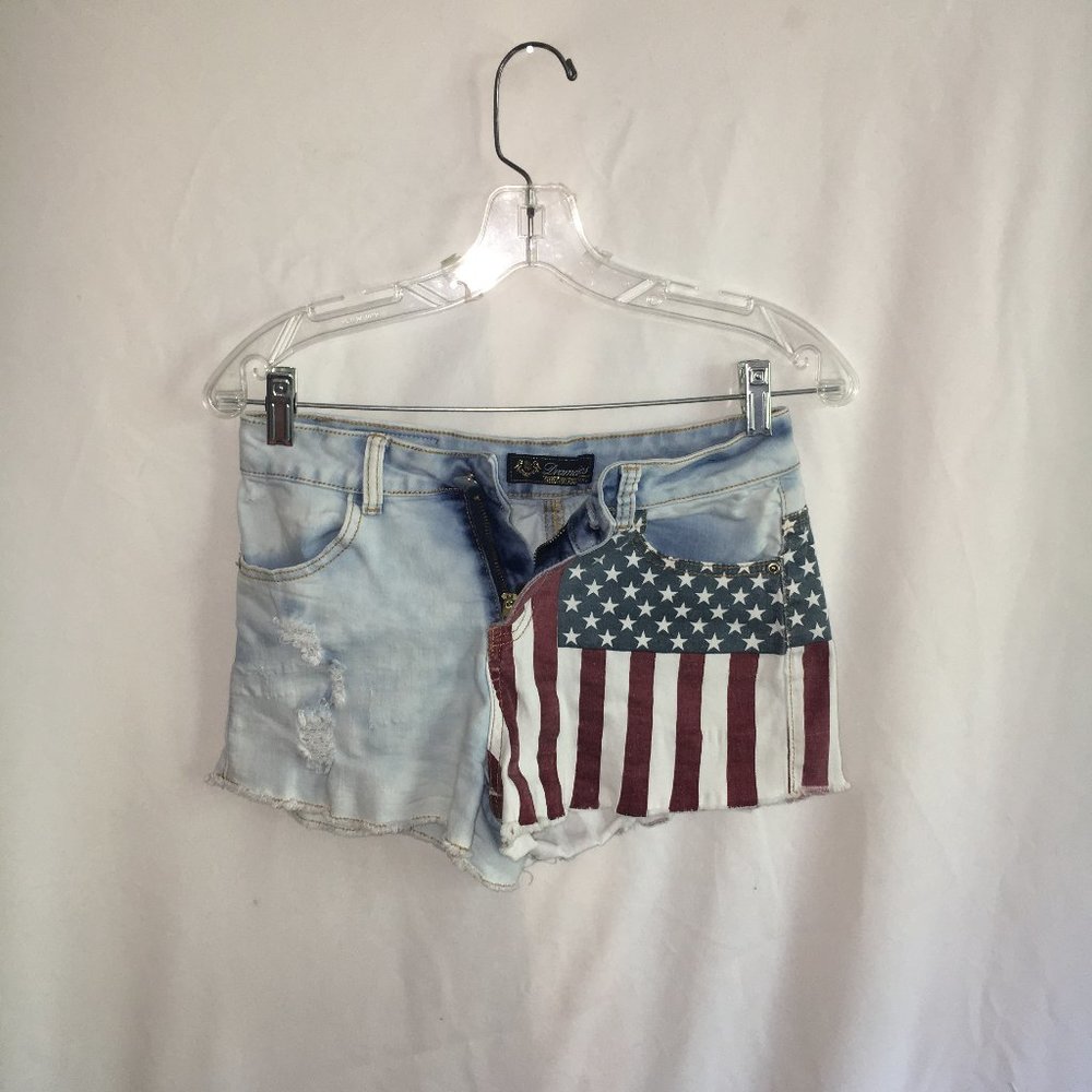 Light Blue Distressed Women's Jean Shorts with Flag Pocket Accent